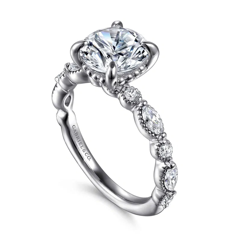 Gabriel & Co. Cindie Victorian White Gold With 2.00 Carat Round Center Diamond and  Marquise and Round Cut Side Diamonds with Milgrain Edging Diamond Side Engagement Ring