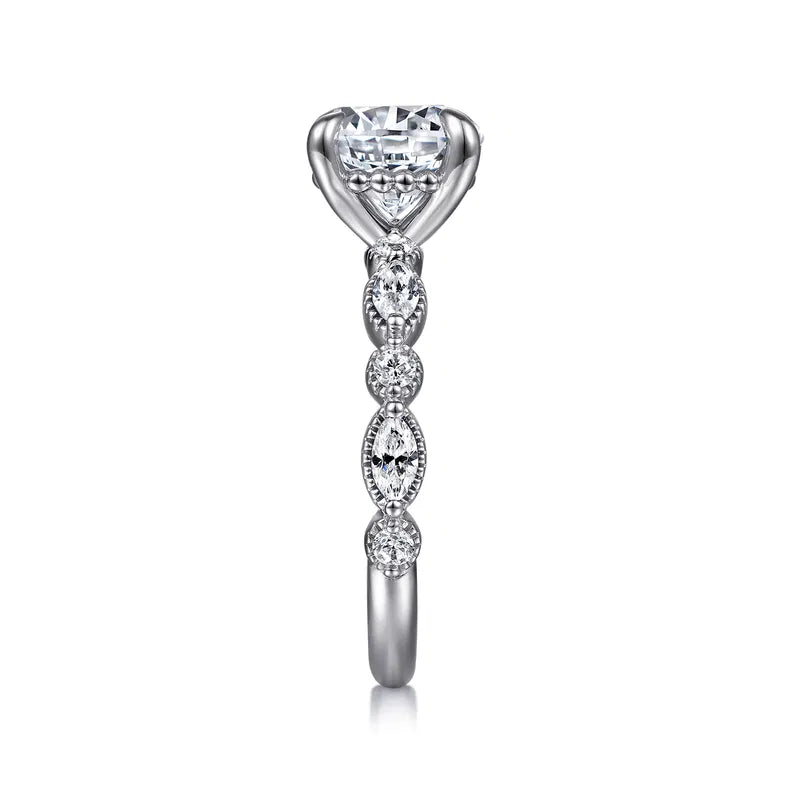 Gabriel & Co. Cindie Victorian White Gold With 2.00 Carat Round Center Diamond and  Marquise and Round Cut Side Diamonds with Milgrain Edging Diamond Side Engagement Ring