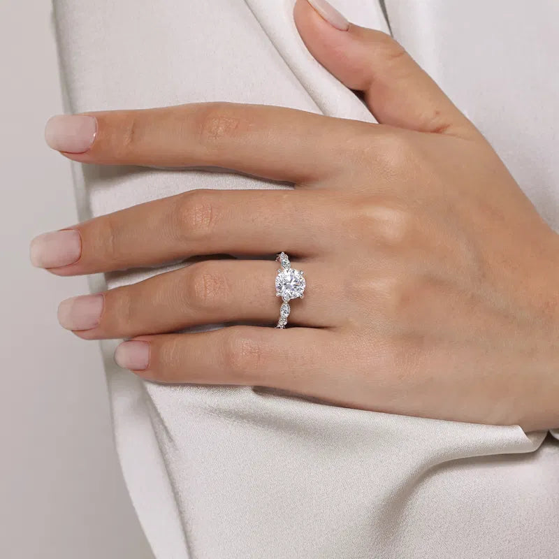 Gabriel & Co. Cindie Victorian White Gold With 2.00 Carat Round Center Diamond and  Marquise and Round Cut Side Diamonds with Milgrain Edging Diamond Side Engagement Ring on Hand