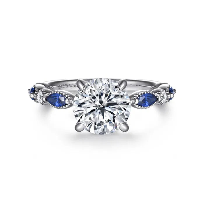 Gabriel & Co. Cindie Victorian White Gold With 2.00 Carat Round And Straight Sapphire and Diamond Side Engagement Ring