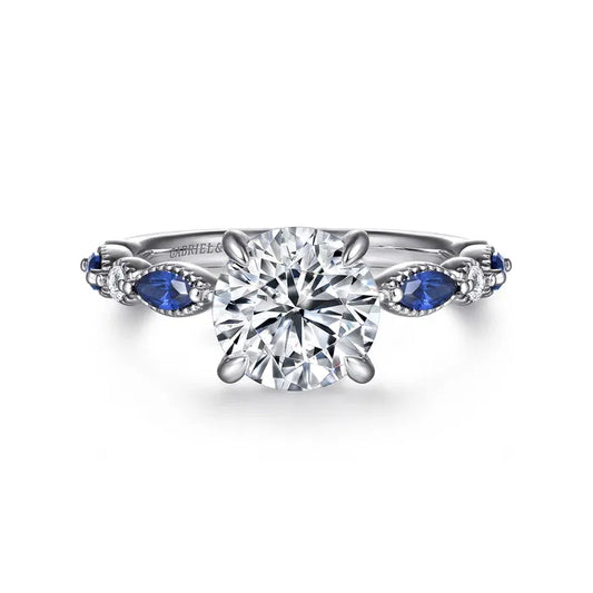 Gabriel & Co. Cindie Victorian White Gold With 2.00 Carat Round And Straight Sapphire and Diamond Side Engagement Ring