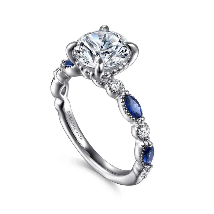 Gabriel & Co. Cindie Victorian White Gold with 2.00 Carat Round And Straight Sapphire and Diamond Side Engagement Ring