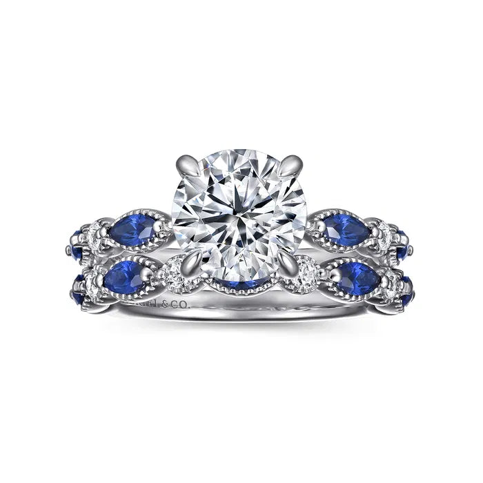 Gabriel & Co Cindie Victorian White Gold With 2.00 Carat Round And Straight Sapphire and Diamond Side Engagement Ring Bridal Set  