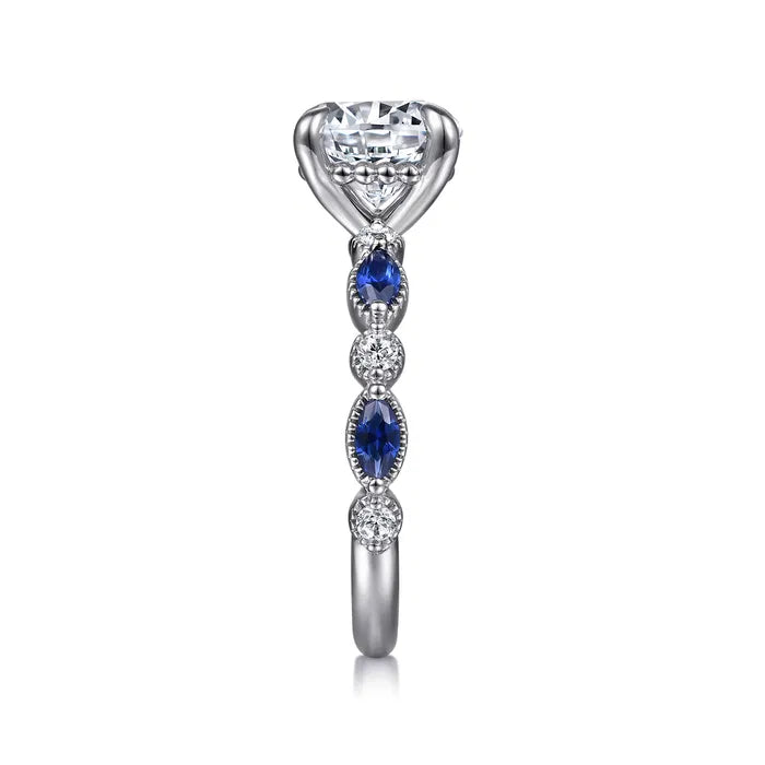 Gabriel & Co. Cindie Victorian White Gold With 2.00 Carat Round And Straight Sapphire and Diamond Side Engagement Ring