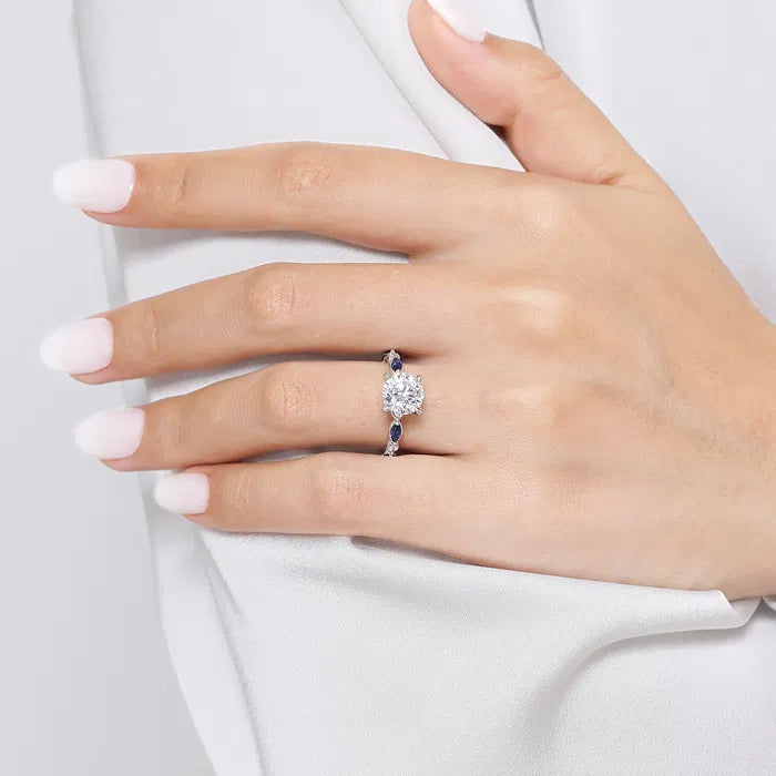 Gabriel & Co. Cindie Victorian White Gold With 2.00 Carat Round And Straight Sapphire and Diamond Side Engagement Ring on hand