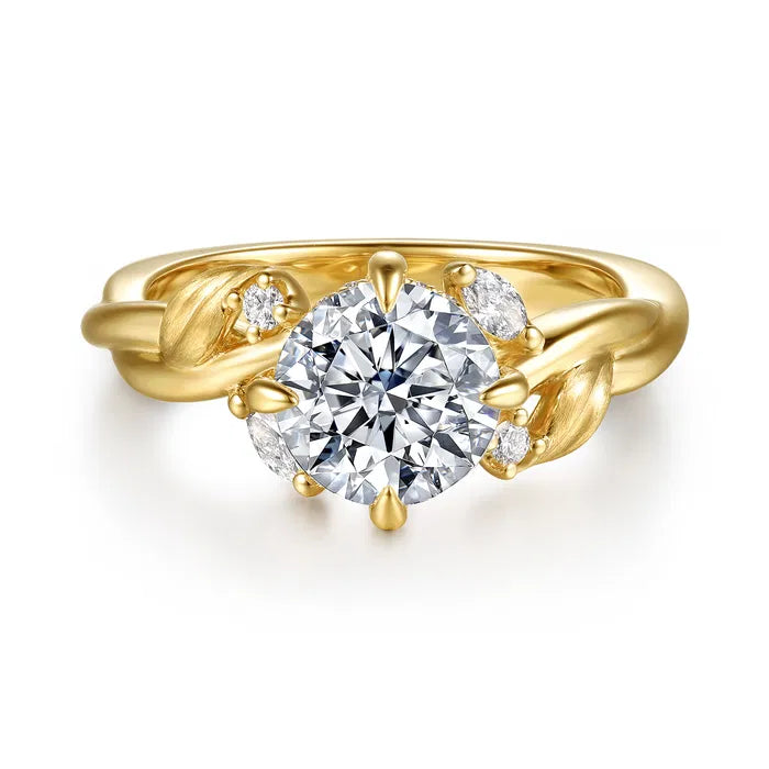 Gabriel & Co. Yellow Gold Darling Floral Nouveau Yellow Gold Prong Round  1.5 Carat Diamond Twisted Engagement Ring