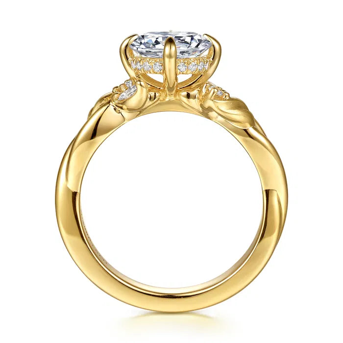 Gabriel & Co. Yellow Gold Darling Floral Nouveau Yellow Gold Prong Round  1.5 Carat Diamond Twisted Engagement Ring