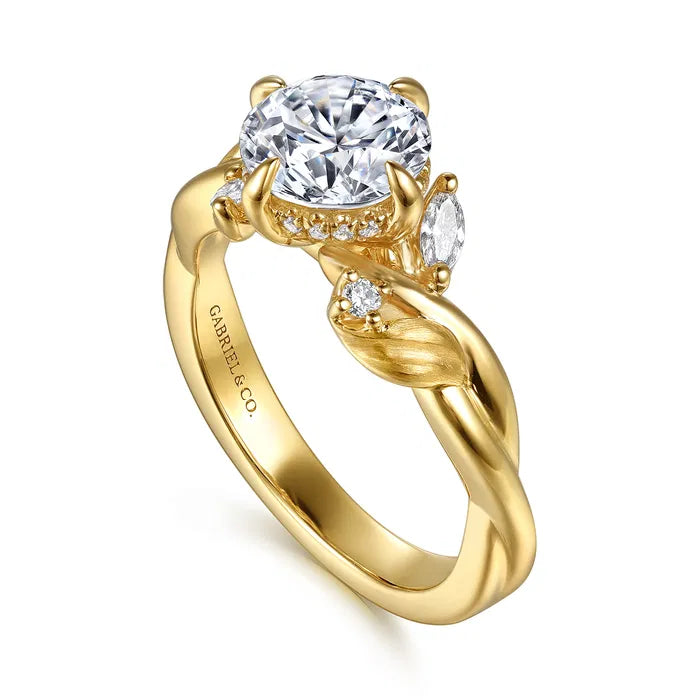 Gabriel & Co. Yellow Gold Darling Floral Nouveau Yellow Gold Prong Round  1.5 Carat Diamond Twisted Engagement Ring