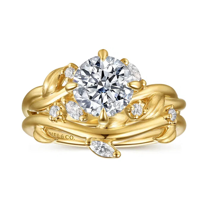 Gabriel & Co. Yellow Gold Darling Floral Nouveau Yellow Gold Prong Round  1.5 Carat Diamond Twisted Bridal Ring Set