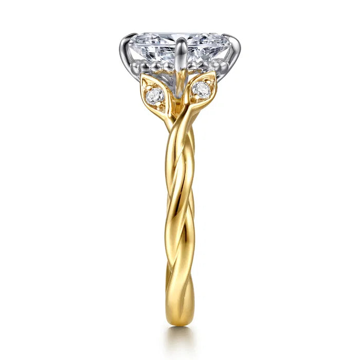 Gabriel & Co. Daija White and Yellow Gold Contemporary Twisted Oval 1.5 Carat Diamond with Sculpted Accent Diamonds Side Engagement Ring