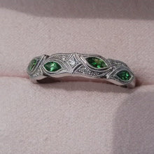 Load and play video in Gallery viewer, Kirk Kara White Gold &quot;Dahlia&quot; Green Tsavorite Garnet Leaf Diamond Wedding Band Video in Box 
