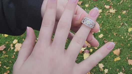 Video of  Simon G. Filigree Flower Tapered Diamond Ring on Finger