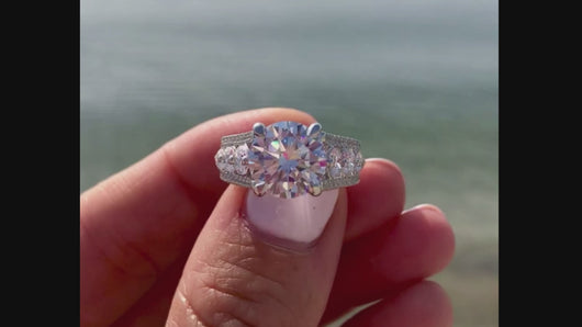 BGLG Hampton 5.5 Carat Round Lab-Grown Diamond Engagement Ring with Large Graduating Side Lab-Diamonds on finger