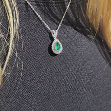 Load and play video in Gallery viewer, Video of Simon G. Two-Tone Gold Vintage Style Emerald Halo Teardrop Pendant on Neck
