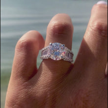 Load and play video in Gallery viewer, BGLG Montauk 5.50 Carat Round &amp; Baguette Lab-Grown Diamond Engagement Ring on Finger
