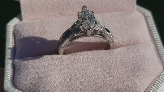 Kirk Kara Dahlia Marquise Cut Blue Sapphire Engagement Ring in Ring Box