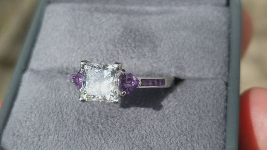 Ben Garelick Princess Cut Center Heart Shaped Amethyst Side Gemstone Engagement Ring