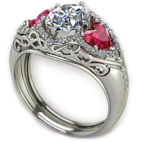 Ben Garelick Custom Designed Ruby Heart Three Stone Oval Center Engagement Ring