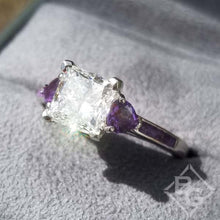 Load image into Gallery viewer, Ben Garelick Princess Cut Center Heart Shaped Amethyst Side Gemstone Engagement Ring
