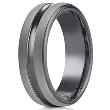 Load image into Gallery viewer, Benchmark Tantalum Grey with Black Stripe Men&#39;s Wedding Band
