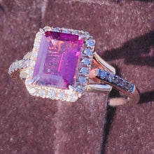 Load and play video in Gallery viewer, Le Vian Emerald Cut Raspberry Rhodolite Chocolate &amp; Vanilla Diamond Halo Ring
