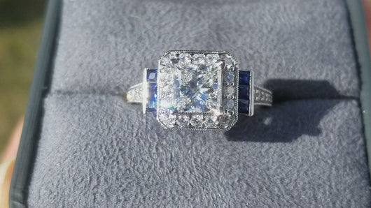 Video of Gabriel's Daisy Cushion Shaped Blue Sapphire Diamond Engagement Ring Gabriel "Daisy" Cushion Shaped Blue Sapphire Diamond Engagement Ring in Ring Box