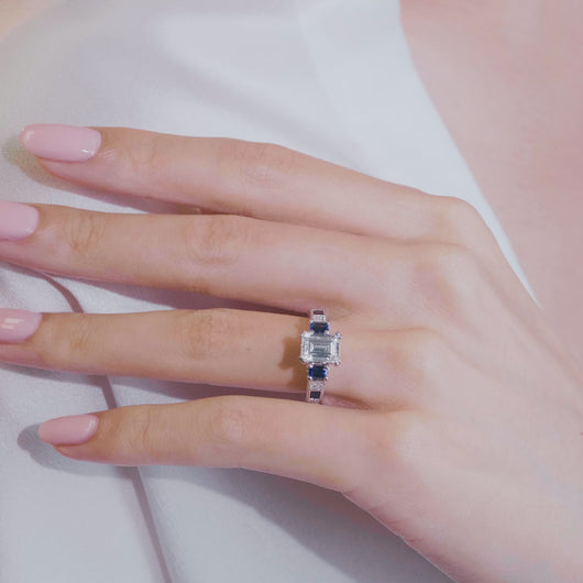 Video of Kirk Kara White Gold Charlotte Blue Sapphire Diamond Three Stone Engagement Ring on Hand