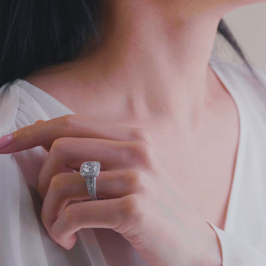 Video of Kirk Kara "Carmella" Cushion Shaped Halo Diamond Engagement Ring on Finger