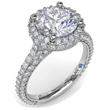 Load image into Gallery viewer, Fana Round Cut Mico-Pave Diamond Halo Engagement Ring Featuring 1.48 Carats Total Weight Round Cut Pave Set Diamonds.
