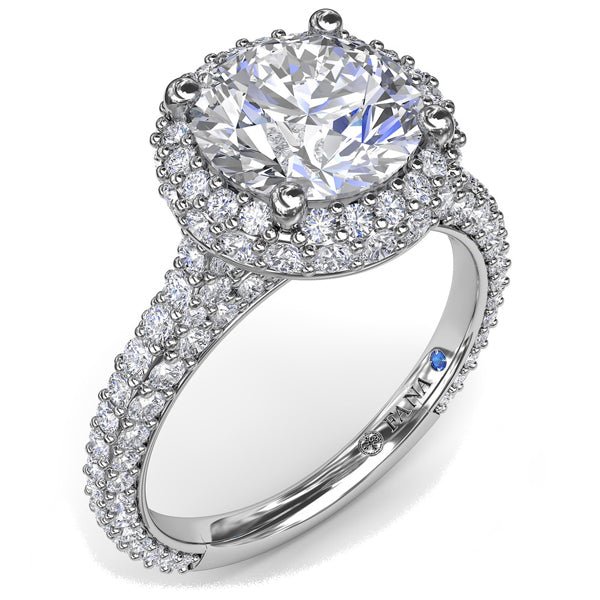 Fana Round Cut Mico-Pave Diamond Halo Engagement Ring Featuring 1.48 Carats Total Weight Round Cut Pave Set Diamonds.