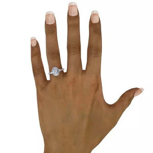 Fana Three Stone Halo Large Oval Center Diamond Engagement Ring