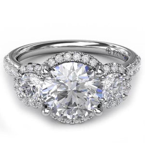 Fana Three Stone Halo Large Round Center Diamond Engagement Ring