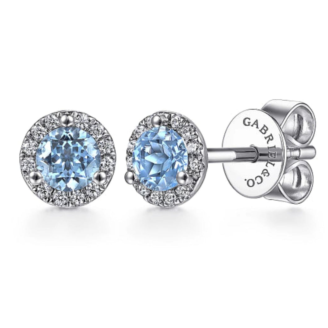 Gabriel Blue Topaz Diamond Halo Stud Earrings