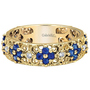 Gabriel & Co. Blue Sapphire and Diamond Floral Themed Ring
