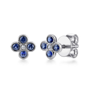 Gabriel & Co. Blue Sapphire Flower Cluster Diamond Stud Earrings