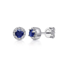 Load image into Gallery viewer, Gabriel &amp; Co. Blue Sapphire Halo Diamond Cluster Earrings
