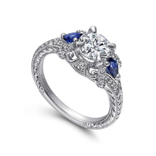 Load image into Gallery viewer, Gabriel &amp; Co. &quot;Chrystie&quot; Diamond &amp; Blue Sapphire Halo Engagement Ring
