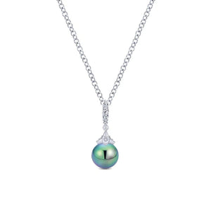 Gabriel & Co. Cultured Pearl and Pave Diamond Drop Pendant Necklace