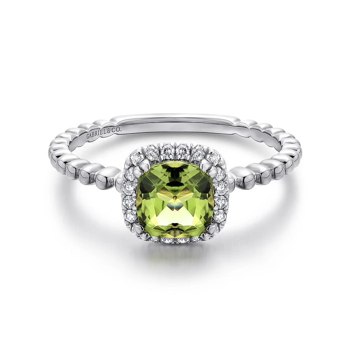 Gabriel & Co. Cushion Halo Round Cut Peridot Diamond Ring