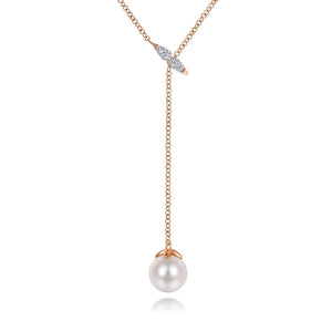 Gabriel & Co. Diamond Bar "Y" Necklace with Cultured Pearl Drop