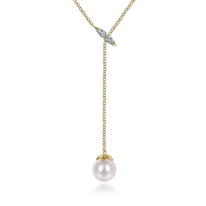 Gabriel & Co. Diamond Bar "Y" Necklace with Cultured Pearl Drop