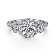 Load image into Gallery viewer, Gabriel &amp; Co. &quot;Lavender&quot; Three Diamond Halo Engagement Ring
