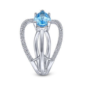 Gabriel & Co. Pear Cut Blue Topaz Multi-Layer Diamond Ring
