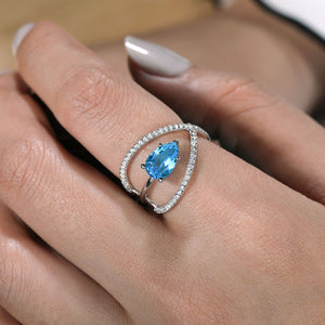 Gabriel & Co. Pear Cut Blue Topaz Multi-Layer Diamond Ring