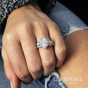Gabriel & Co. Pear Cut Three Stone Halo Diamond Engagement Ring