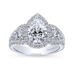 Gabriel & Co. Pear Cut Three Stone Halo Diamond Engagement Ring