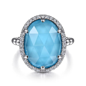 Gabriel & Co. Rock Crystal & Turquoise Signet Ring with White Sapphire Halo