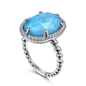 Gabriel & Co. Rock Crystal & Turquoise Signet Ring with White Sapphire Halo
