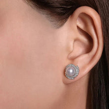 Load image into Gallery viewer, Gabriel &amp; Co. Round Cultured Pearl Swirling Diamond Halo Stud Earrings
