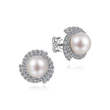 Load image into Gallery viewer, Gabriel &amp; Co. Round Cultured Pearl Swirling Diamond Halo Stud Earrings
